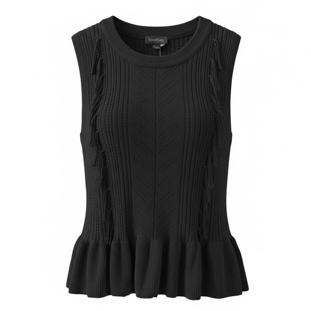 Bebe Black Sleeveless Pointelle Knit Peplum Hem Emelia Sweater Size Medium